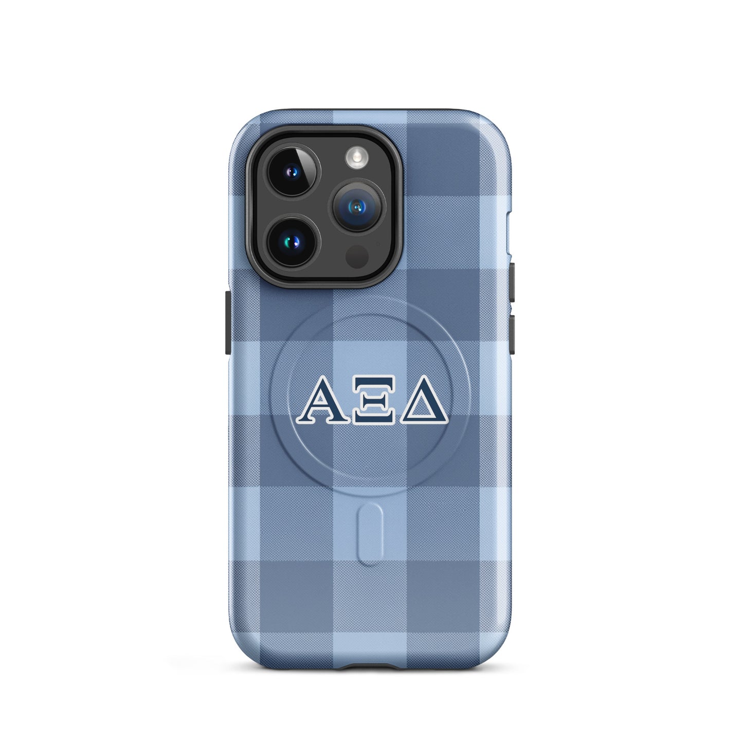 Alpha Xi Delta blue plaid iPhone 14 Pro case with Greek letters and MagSafe ring, preppy protective phone case with classic pattern