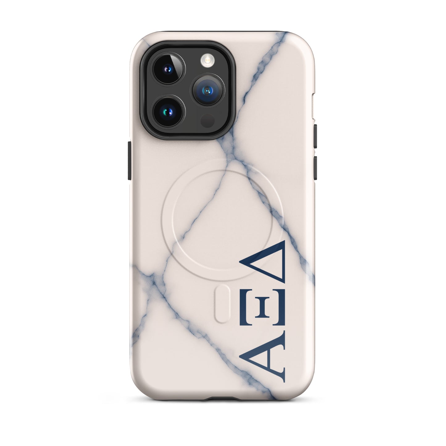 Alpha Xi Delta blue vein marble iPhone 14 Pro Max case with Greek letters and MagSafe ring, slim protective phone case with elegant stone design