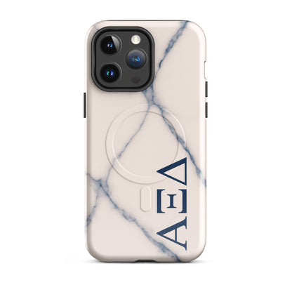 Alpha Xi Delta blue vein marble iPhone 14 Pro Max case with Greek letters and MagSafe ring, slim protective phone case with elegant stone design