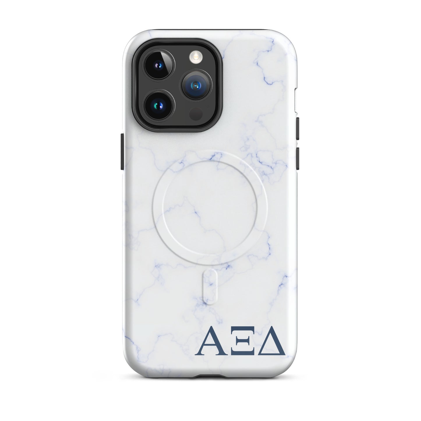Alpha Xi Delta blue marble iPhone 14 Pro Max case with Greek letters and MagSafe ring, slim protective phone case with soft blue aesthetic design