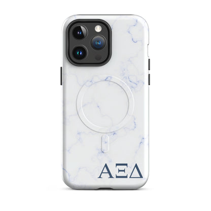 Alpha Xi Delta blue marble iPhone 14 Pro Max case with Greek letters and MagSafe ring, slim protective phone case with soft blue aesthetic design