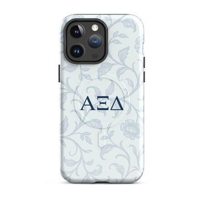 Alpha Xi Delta iPhone 14 Pro Max case with blue floral toile design and Greek letters, slim durable cover with MagSafe compatibility