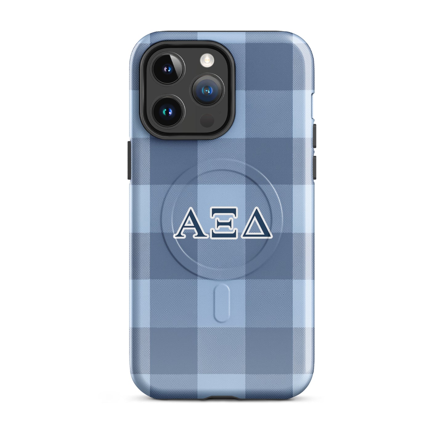 Alpha Xi Delta iPhone 14 Pro Max case with blue plaid pattern and Greek letters, slim durable cover with MagSafe compatibility and preppy style.