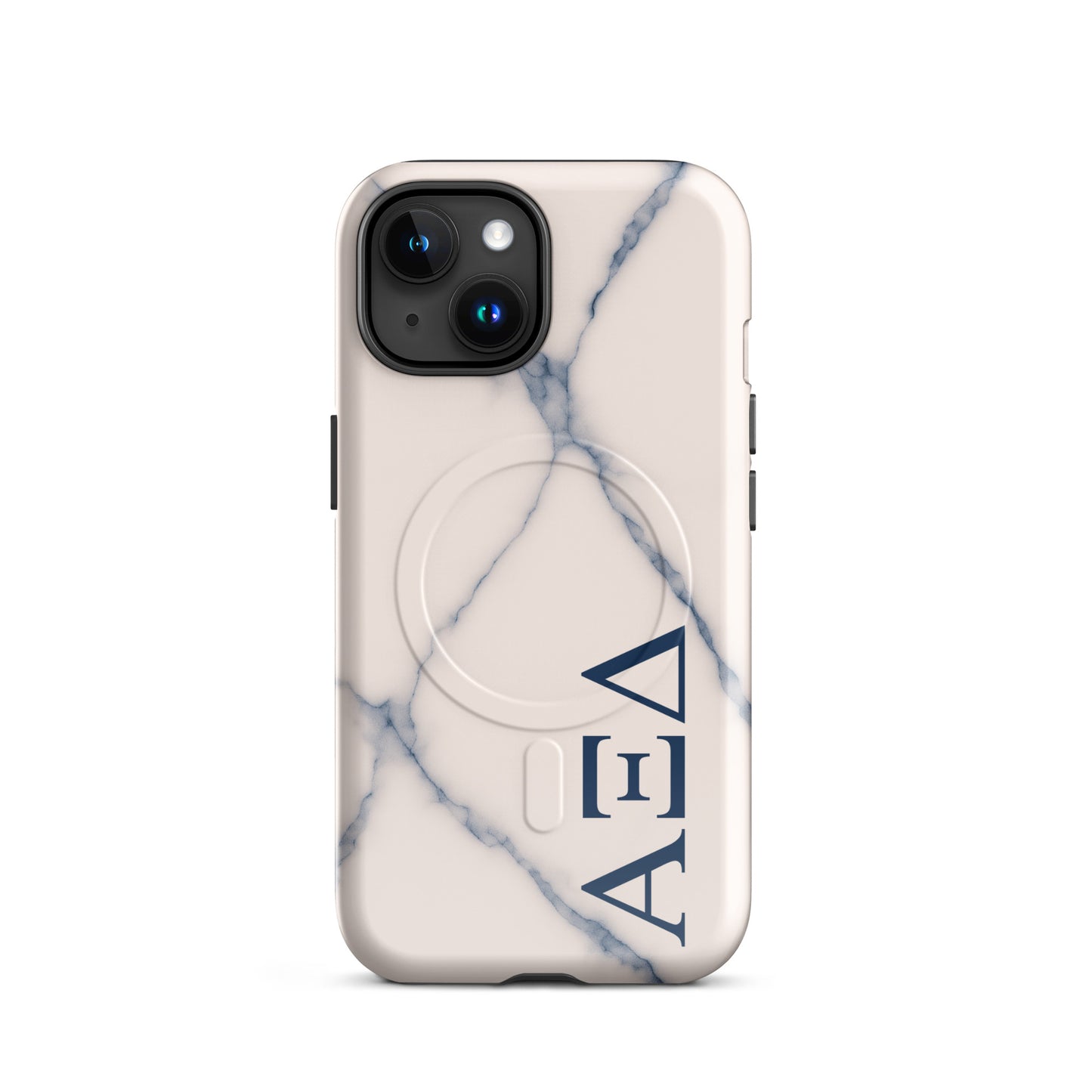 Alpha Xi Delta iPhone 15 case with blue vein marble pattern and vertical Greek letters, durable slim cover with MagSafe compatibility