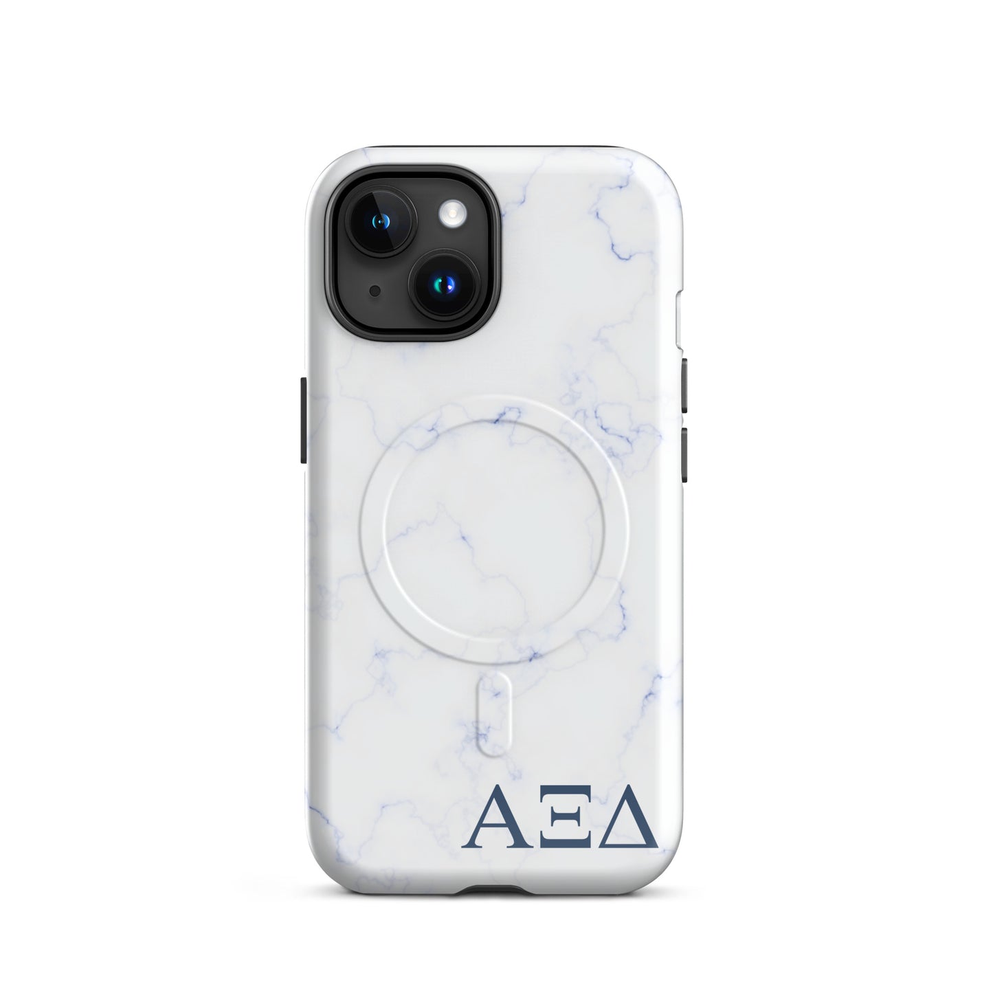 Alpha Xi Delta iPhone 15 case with light blue marble pattern and Greek letters, durable slim cover with MagSafe compatibility and glossy finish