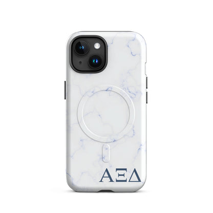 Alpha Xi Delta iPhone 15 case with light blue marble pattern and Greek letters, durable slim cover with MagSafe compatibility and glossy finish