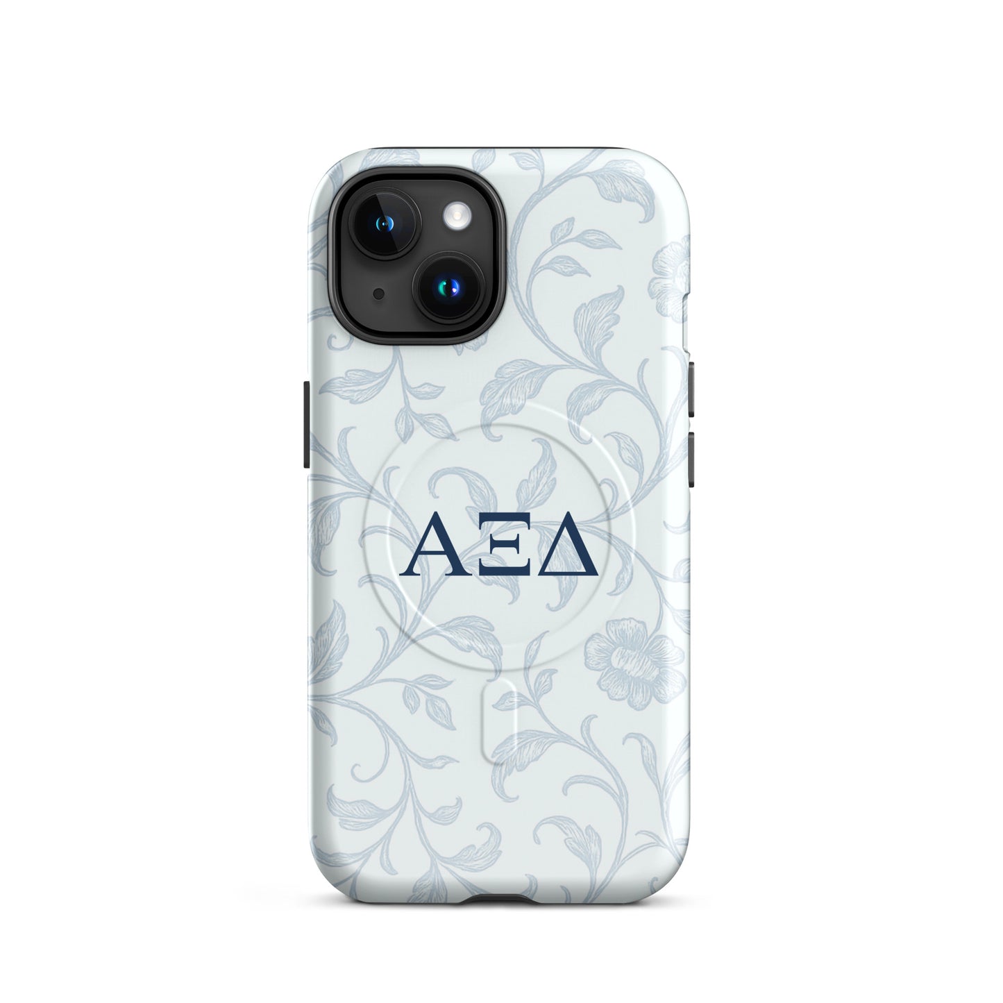 Alpha Xi Delta floral toile iPhone 15 case with Greek letters and MagSafe ring, elegant blue pattern protective phone case