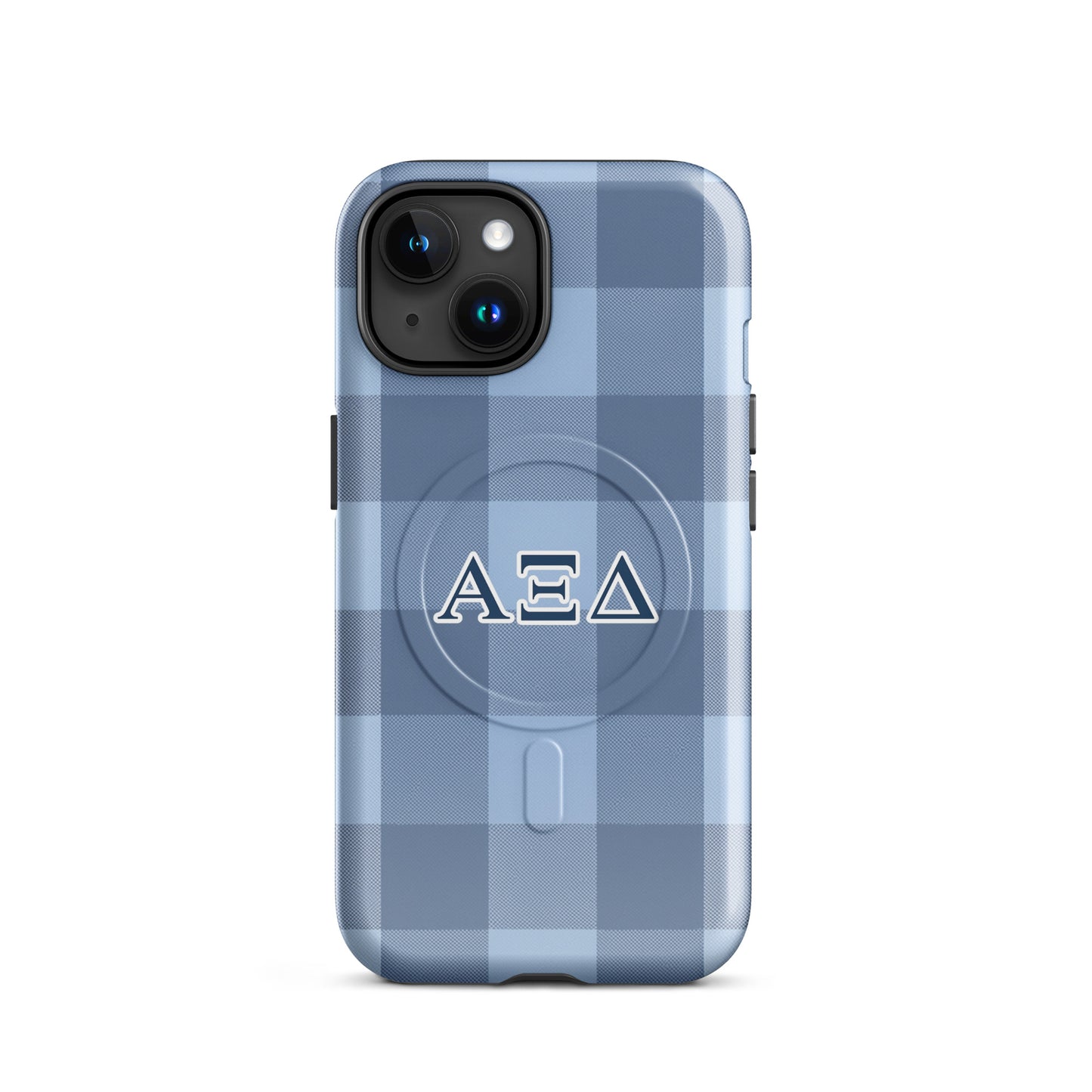 Alpha Xi Delta iPhone 15 case with blue plaid pattern and Greek letters, slim durable cover with MagSafe compatibility and preppy style