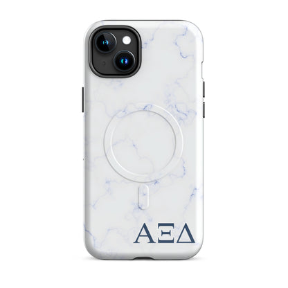 Alpha Xi Delta Greek letter phone case in blue marble design, lightweight protective iPhone 15 Plus case with MagSafe ring and smooth finish