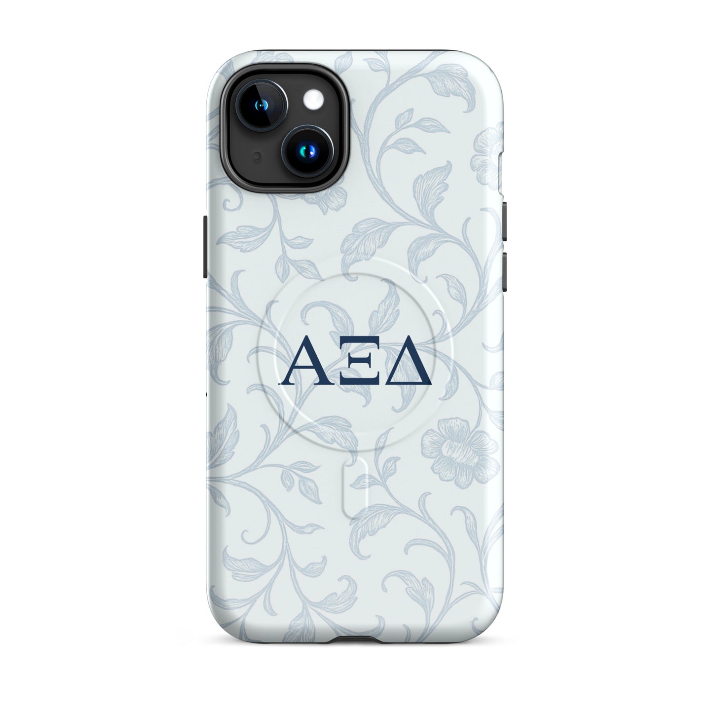 Alpha Xi Delta floral toile iPhone 15 Plus case with Greek letters and MagSafe ring, elegant blue pattern protective phone case