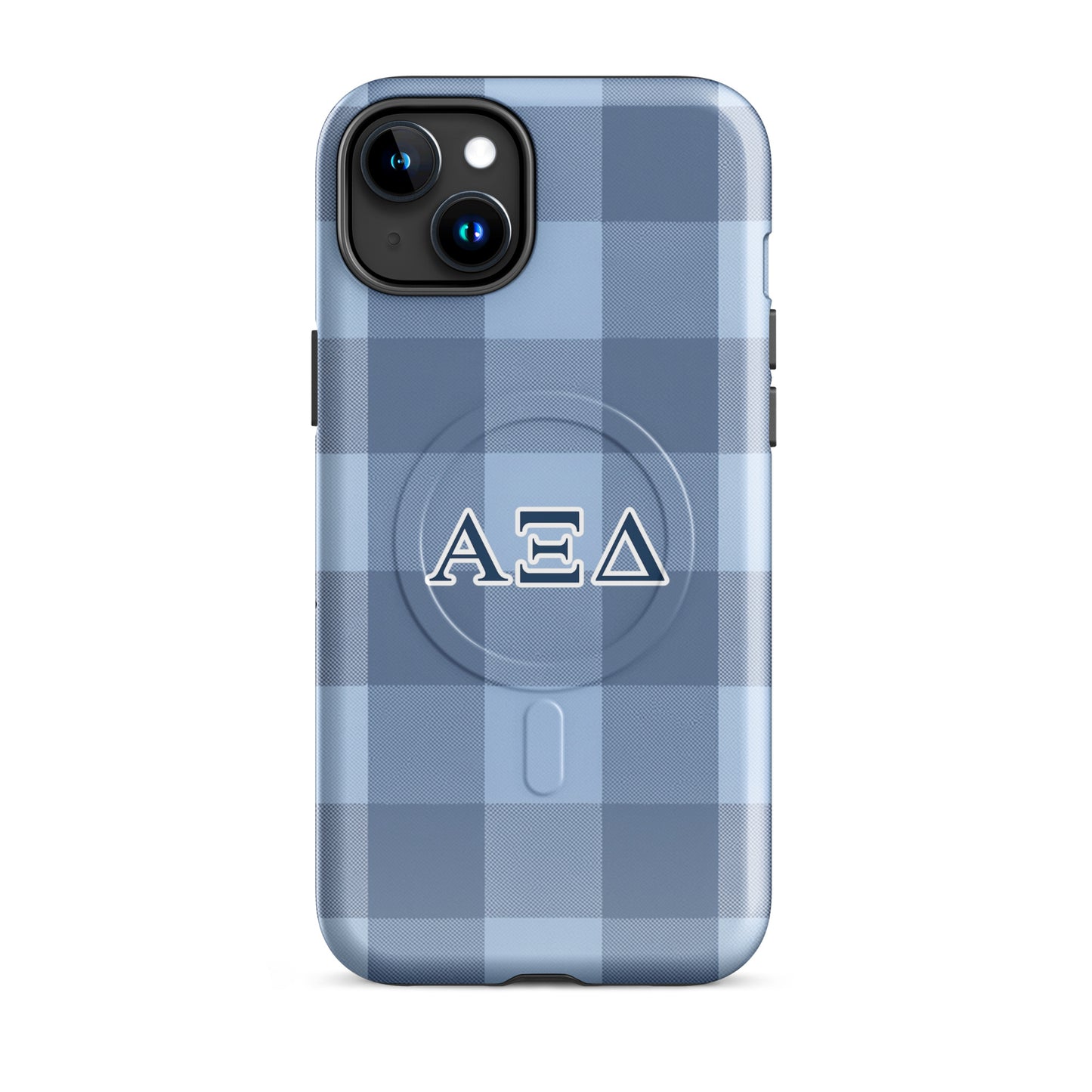 Alpha Xi Delta blue plaid iPhone 15 Plus case with Greek letters and MagSafe ring, preppy protective phone case with classic pattern