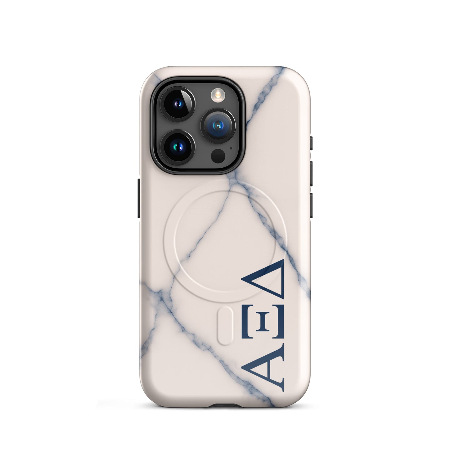 Alpha Xi Delta Greek letter phone case in blue marble design, lightweight protective iPhone 15 Pro case with MagSafe ring and minimalist style