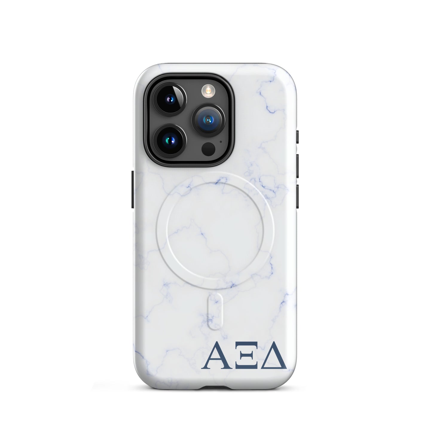 Alpha Xi Delta blue marble iPhone 15 Pro case with Greek letters and MagSafe ring, slim protective phone case with soft blue aesthetic design