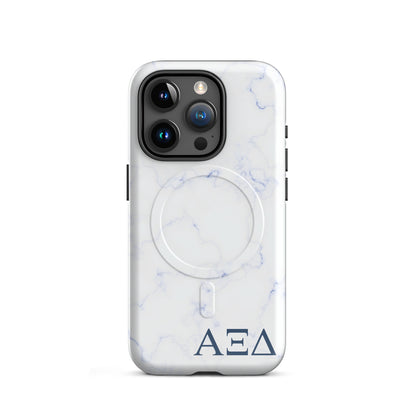 Alpha Xi Delta blue marble iPhone 15 Pro case with Greek letters and MagSafe ring, slim protective phone case with soft blue aesthetic design