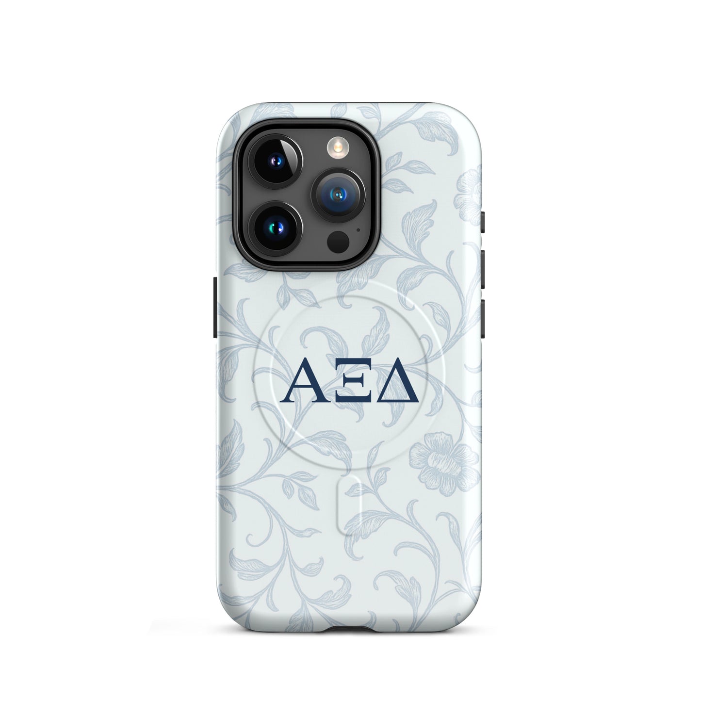 Alpha Xi Delta iPhone 15 Pro case with blue floral toile design and Greek letters, slim durable cover with MagSafe compatibility