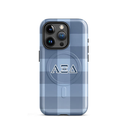 Alpha Xi Delta iPhone 15 Pro case with blue plaid pattern and Greek letters, slim durable cover with MagSafe compatibility and preppy style