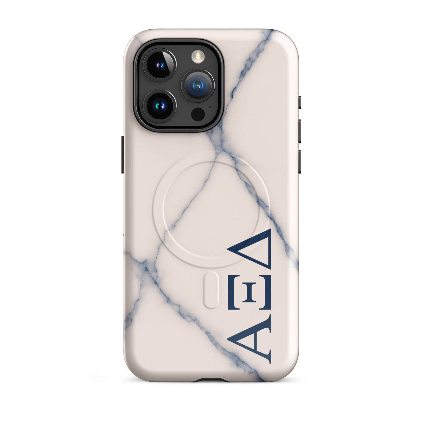 Alpha Xi Delta blue vein marble iPhone 15 Pro Max case with Greek letters and MagSafe ring, slim protective phone case with elegant stone design