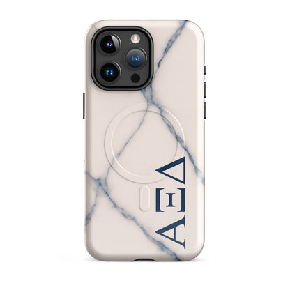 Alpha Xi Delta blue vein marble iPhone 15 Pro Max case with Greek letters and MagSafe ring, slim protective phone case with elegant stone design