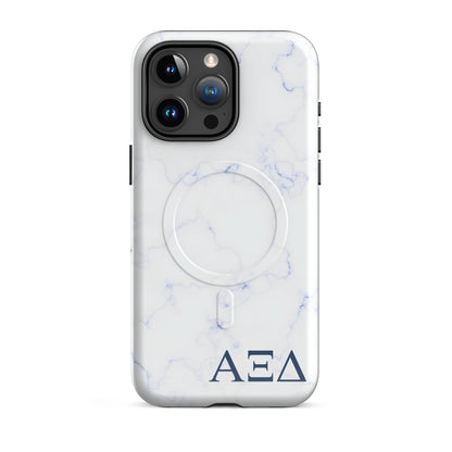 Alpha Xi Delta iPhone 15 Pro Max case with light blue marble pattern and Greek letters, durable slim cover with MagSafe compatibility and glossy finish
