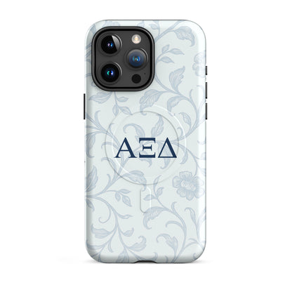 Alpha Xi Delta Greek letter phone case in blue floral toile pattern, lightweight protective iPhone 15 Pro Max case with MagSafe ring