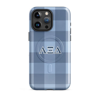 Alpha Xi Delta Greek letter phone case in blue plaid design, lightweight protective iPhone 15 Pro Max case with MagSafe ring and classic look