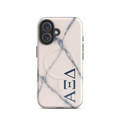 Alpha Xi Delta iPhone 16 case with blue vein marble pattern and vertical Greek letters, durable slim cover with MagSafe compatibility