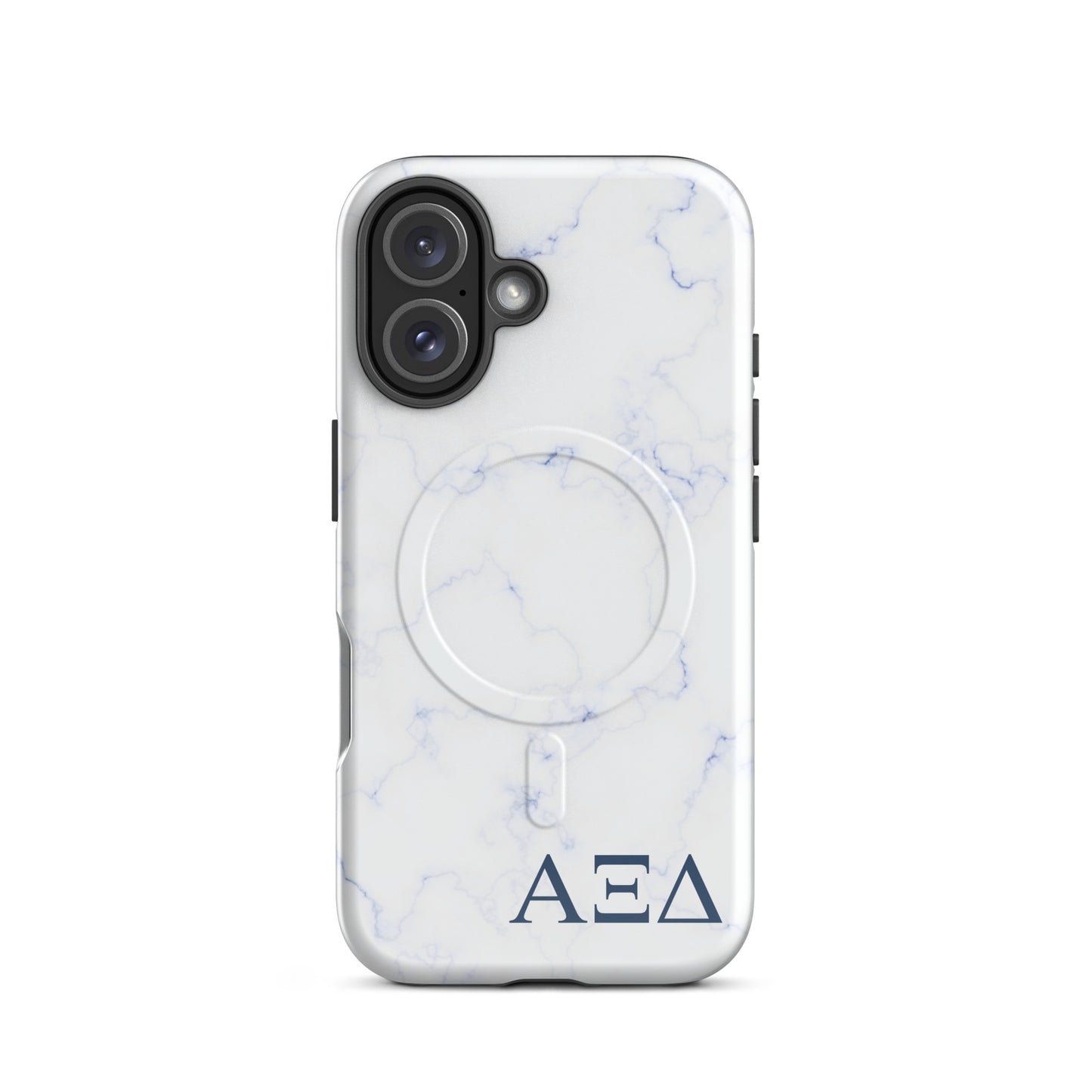 Alpha Xi Delta Greek letter phone case in blue marble design, lightweight protective iPhone 16 case with MagSafe ring and smooth finish