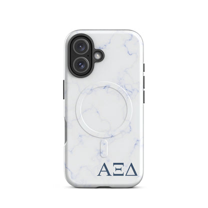 Alpha Xi Delta Greek letter phone case in blue marble design, lightweight protective iPhone 16 case with MagSafe ring and smooth finish