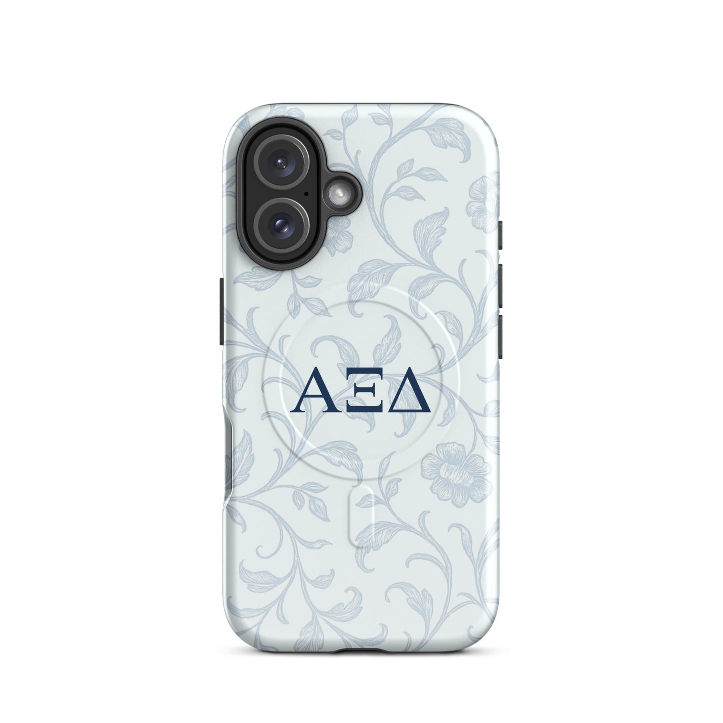 Alpha Xi Delta Greek letter phone case in blue floral toile pattern, lightweight protective iPhone 16 case with MagSafe ring