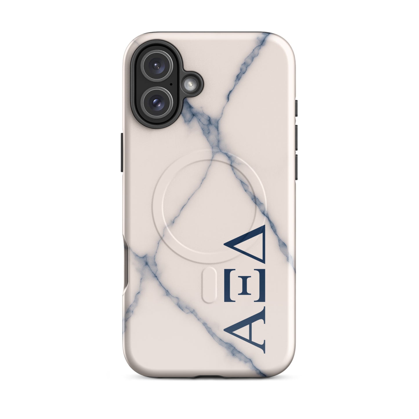 Alpha Xi Delta blue vein marble iPhone 16 Plus case with Greek letters and MagSafe ring, slim protective phone case with elegant stone design