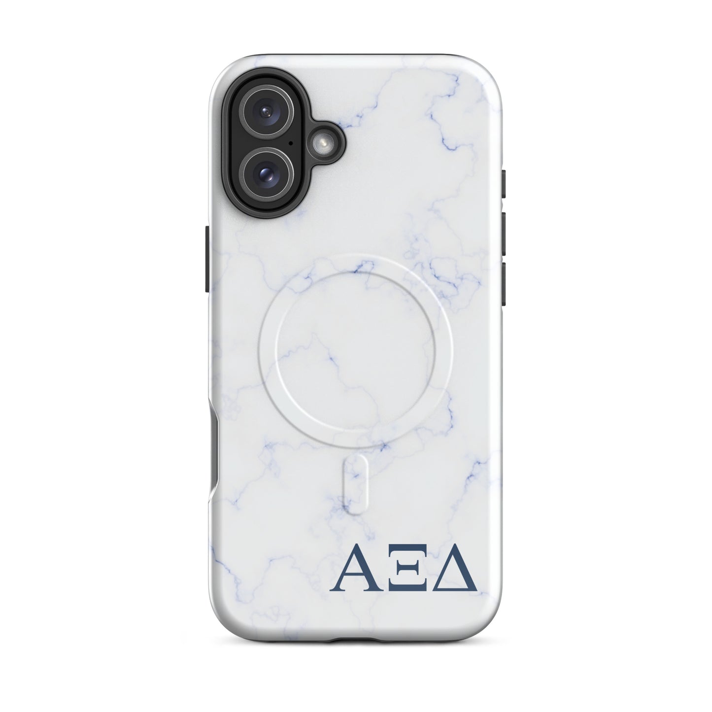 Alpha Xi Delta blue marble iPhone 16 Plus case with Greek letters and MagSafe ring, slim protective phone case with soft blue aesthetic design
