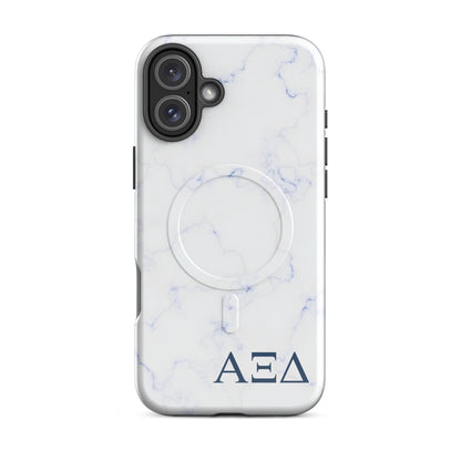 Alpha Xi Delta blue marble iPhone 16 Plus case with Greek letters and MagSafe ring, slim protective phone case with soft blue aesthetic design
