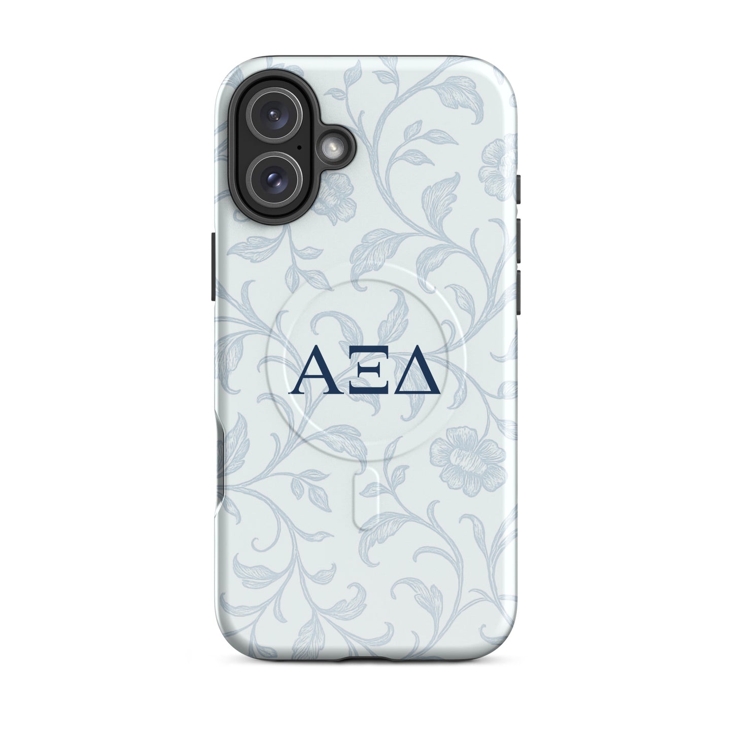 Alpha Xi Delta floral toile iPhone 16 Plus case with Greek letters and MagSafe ring, elegant blue pattern protective phone case