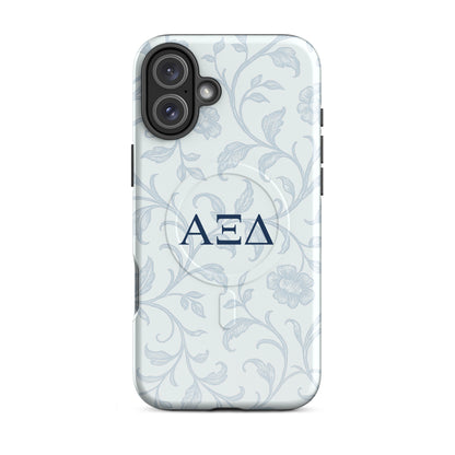 Alpha Xi Delta floral toile iPhone 16 Plus case with Greek letters and MagSafe ring, elegant blue pattern protective phone case