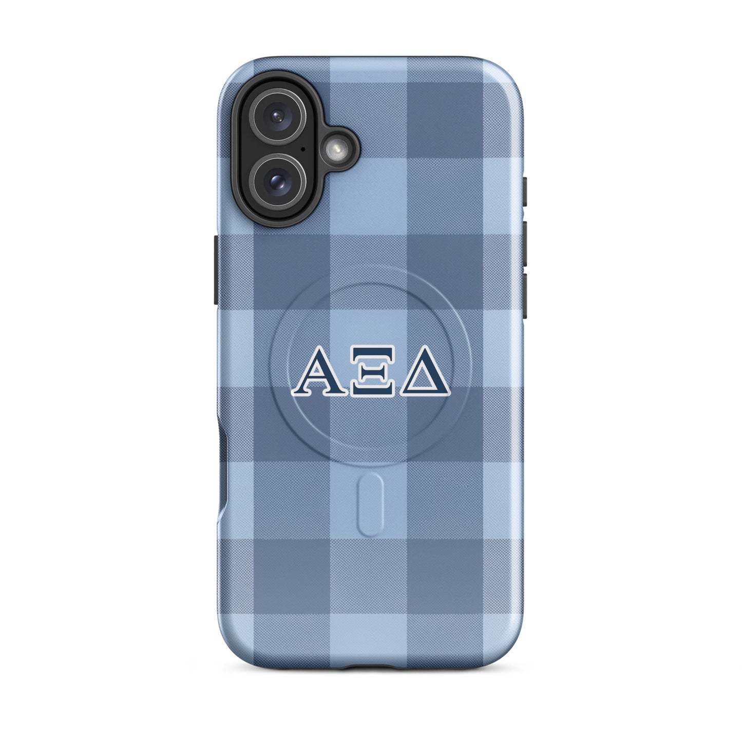 Alpha Xi Delta Greek letter phone case in blue plaid design, lightweight protective iPhone 16 Plus case with MagSafe ring and classic look