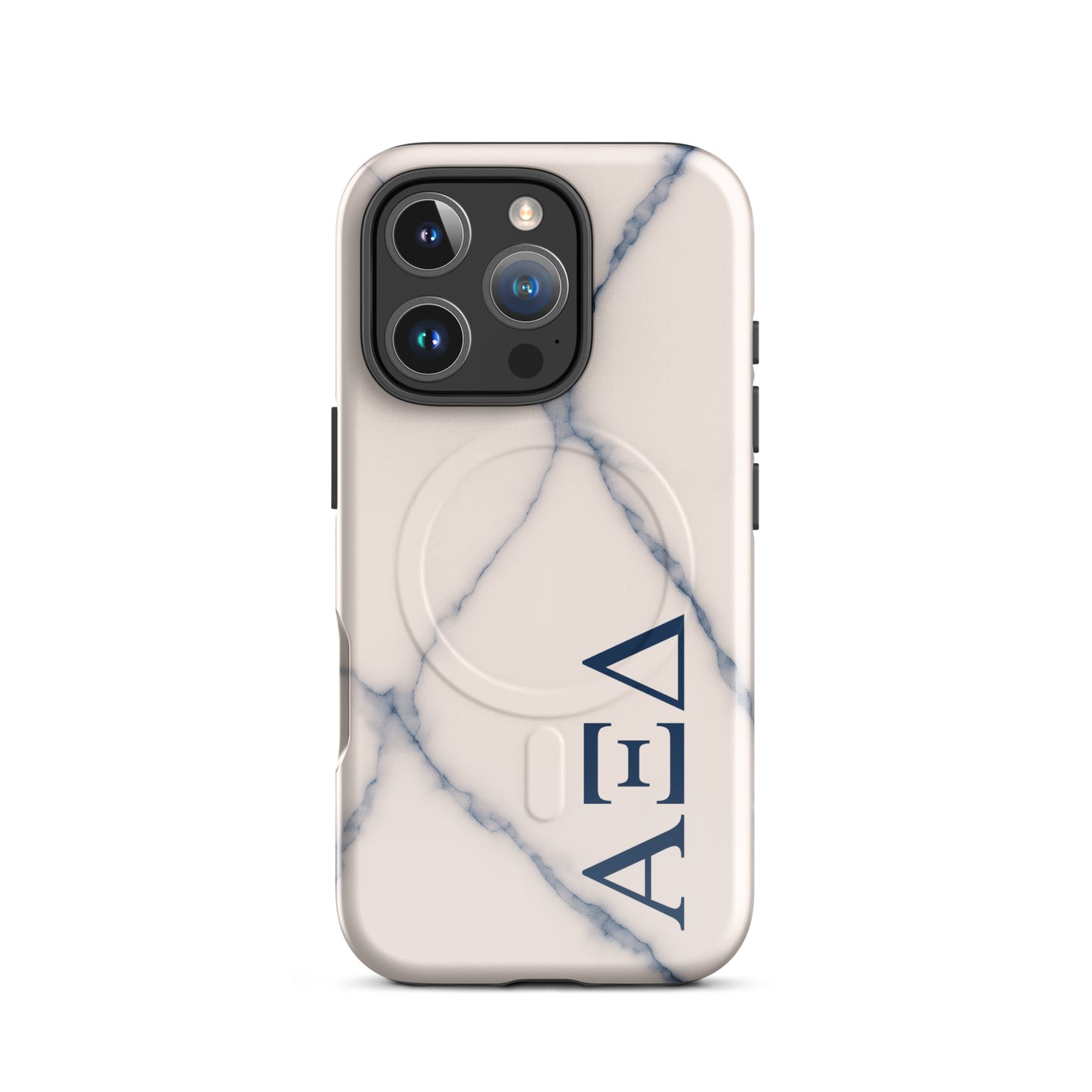 Alpha Xi Delta iPhone 16 Pro case with blue vein marble pattern and vertical Greek letters, durable slim cover with MagSafe compatibility