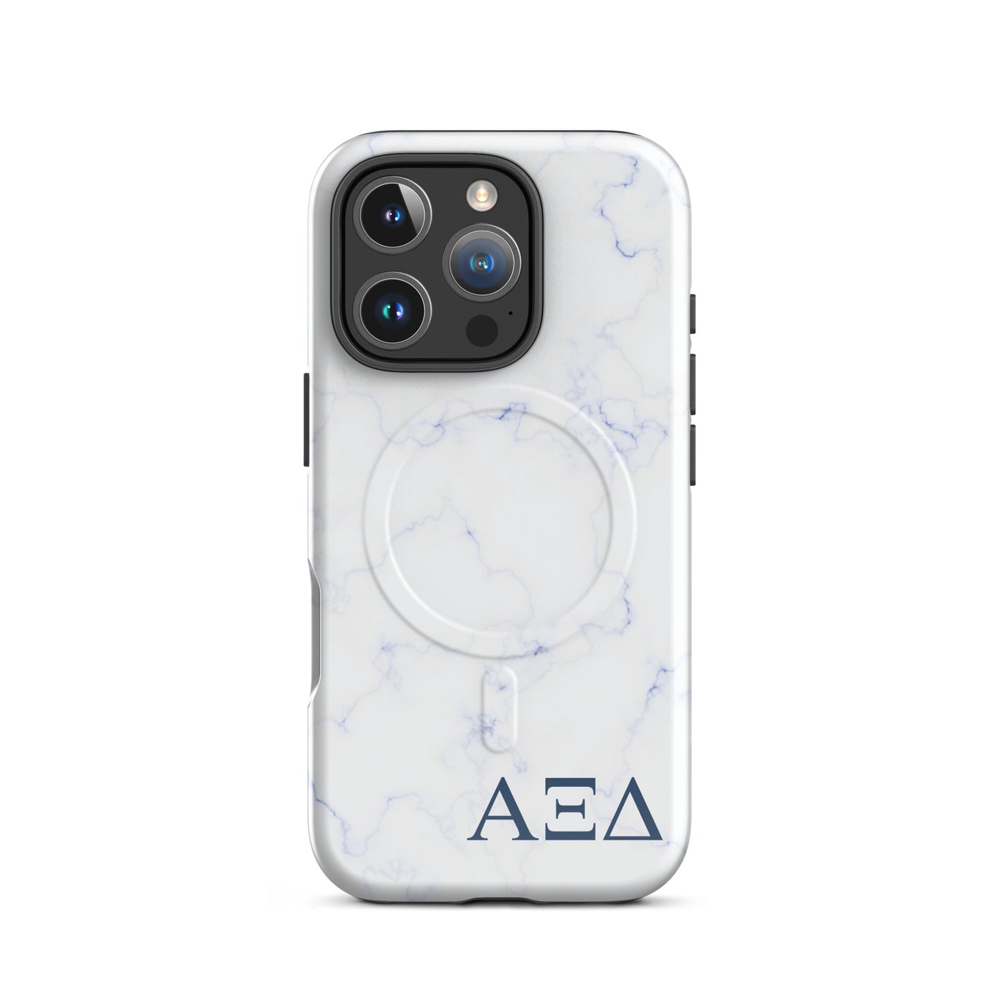 Alpha Xi Delta iPhone 16 Pro case with light blue marble pattern and Greek letters, durable slim cover with MagSafe compatibility and glossy finish