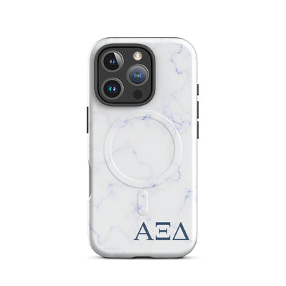 Alpha Xi Delta iPhone 16 Pro case with light blue marble pattern and Greek letters, durable slim cover with MagSafe compatibility and glossy finish