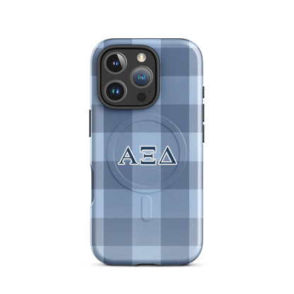 Alpha Xi Delta iPhone 16 Pro case with blue plaid pattern and Greek letters, slim durable cover with MagSafe compatibility and preppy style