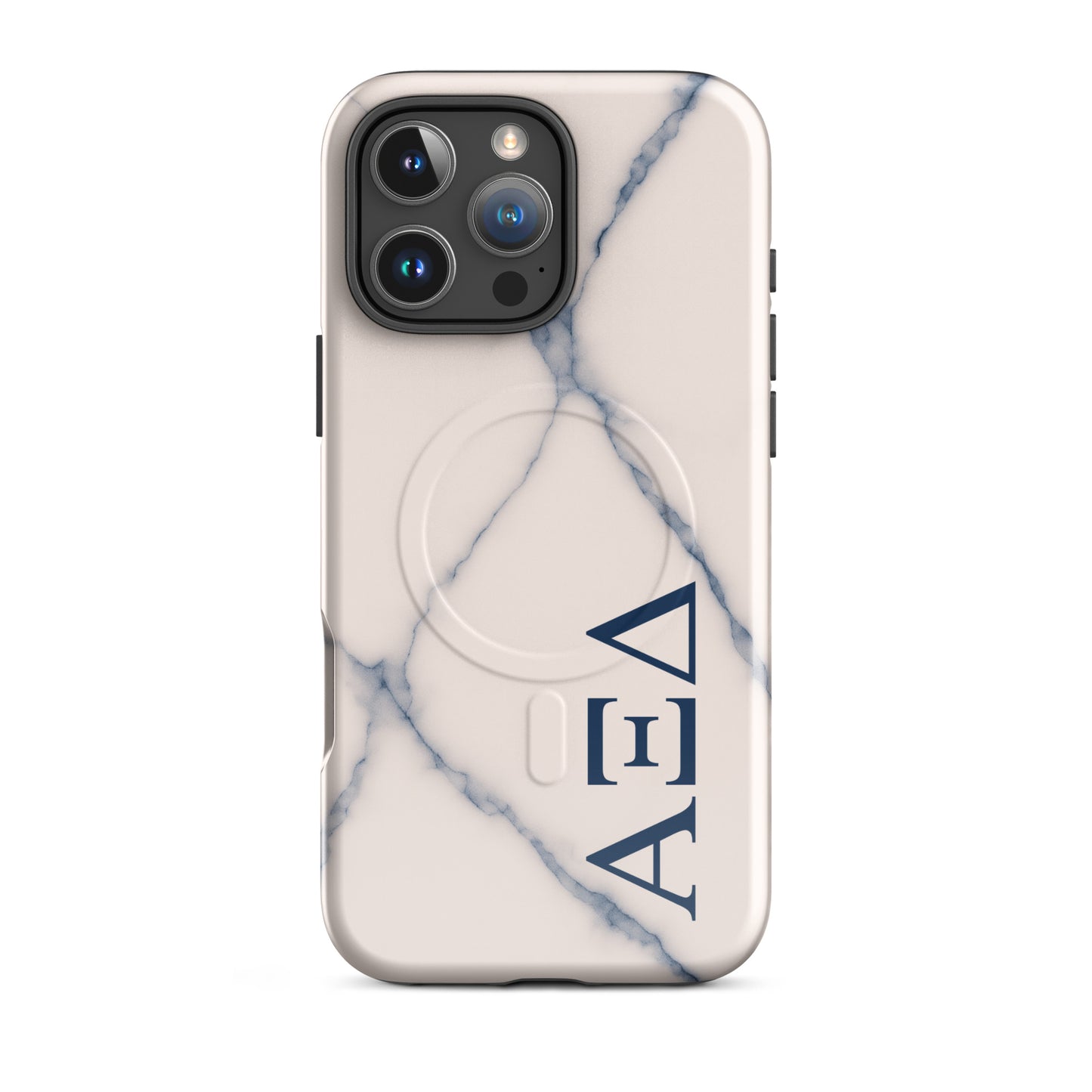 Alpha Xi Delta Greek letter phone case in blue marble design, lightweight protective iPhone 16 Pro Max case with MagSafe ring and minimalist style