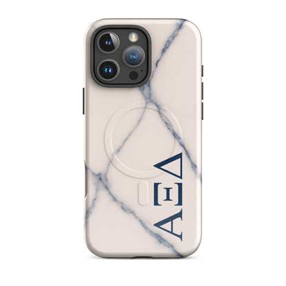Alpha Xi Delta Greek letter phone case in blue marble design, lightweight protective iPhone 16 Pro Max case with MagSafe ring and minimalist style
