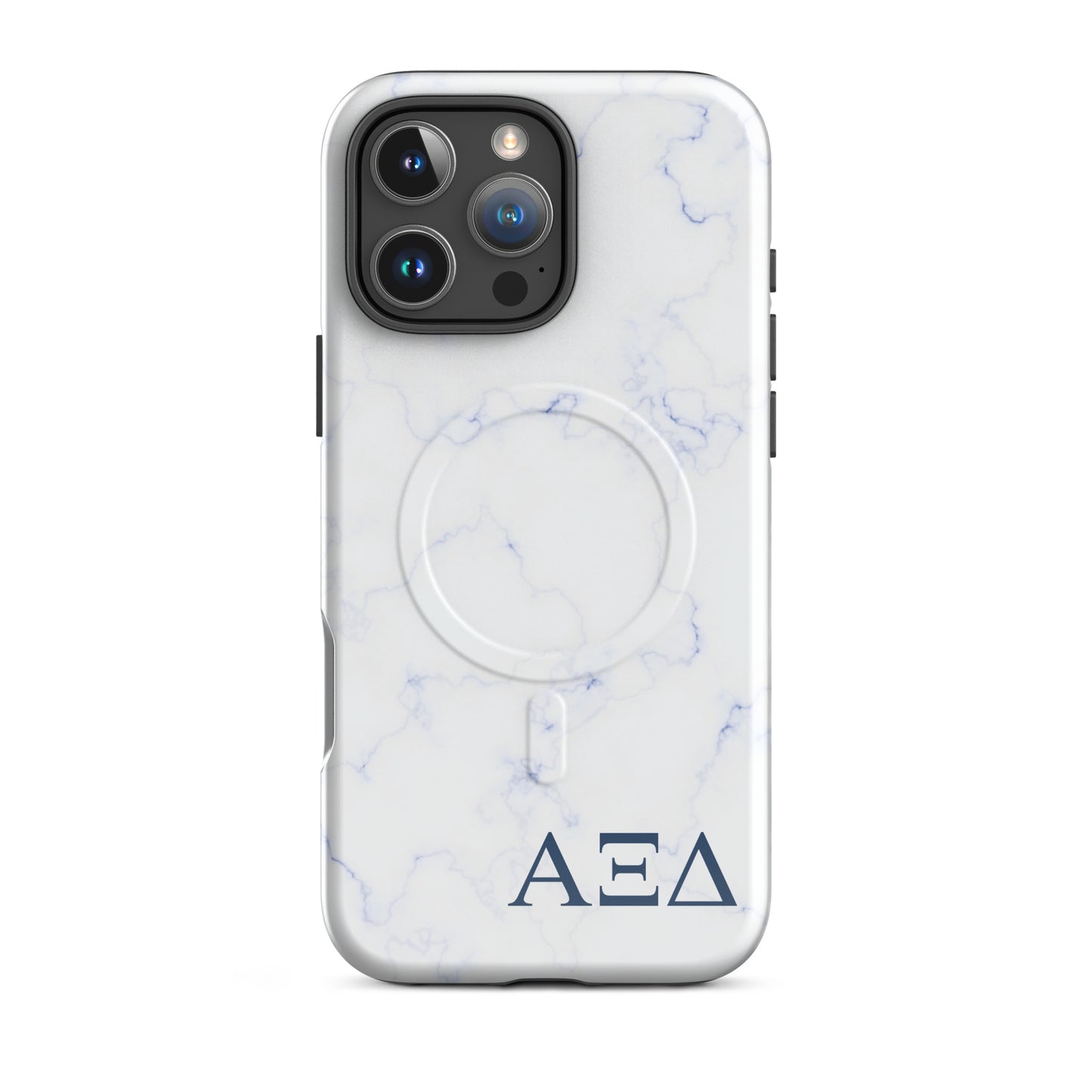 Alpha Xi Delta Greek letter phone case in blue marble design, lightweight protective iPhone 16 Pro Max case with MagSafe ring and smooth finish
