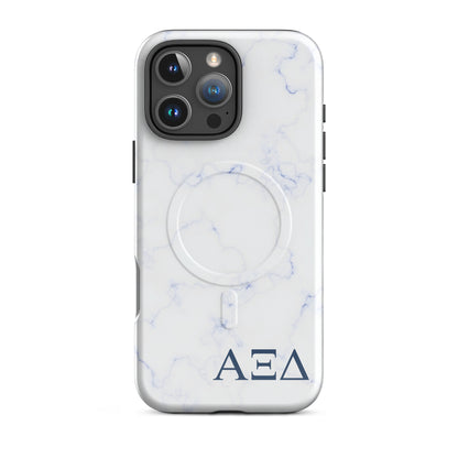 Alpha Xi Delta Greek letter phone case in blue marble design, lightweight protective iPhone 16 Pro Max case with MagSafe ring and smooth finish