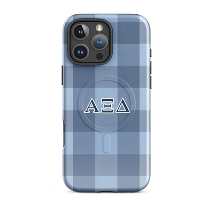 Alpha Xi Delta blue plaid iPhone 16 Pro Max case with Greek letters and MagSafe ring, preppy protective phone case with classic pattern