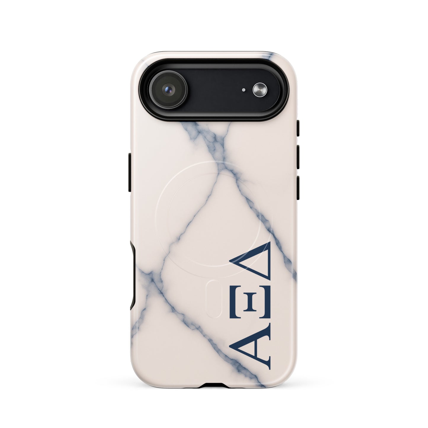 Alpha Xi Delta Greek letter phone case in blue marble design, lightweight protective iPhone 17 Air case with MagSafe ring and minimalist style