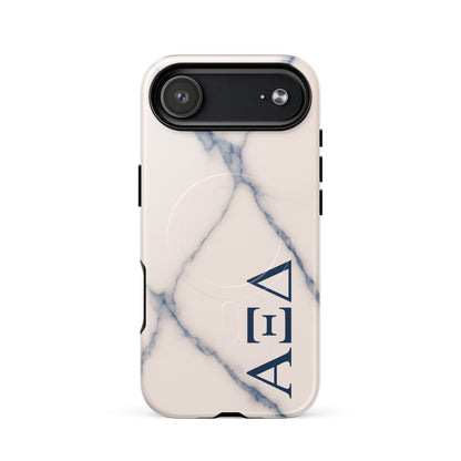 Alpha Xi Delta Greek letter phone case in blue marble design, lightweight protective iPhone 17 Air case with MagSafe ring and minimalist style