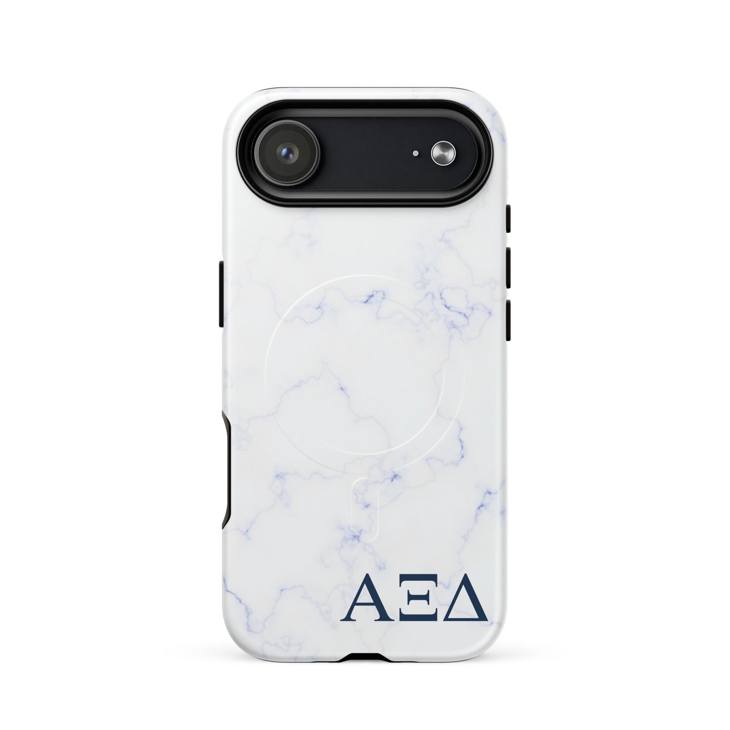 Alpha Xi Delta blue marble iPhone 17 Air case with Greek letters and MagSafe ring, slim protective phone case with soft blue aesthetic design