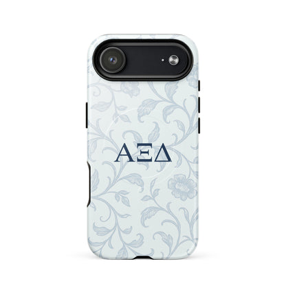 Alpha Xi Delta floral toile iPhone 17 Air case with Greek letters and MagSafe ring, elegant blue pattern protective phone case