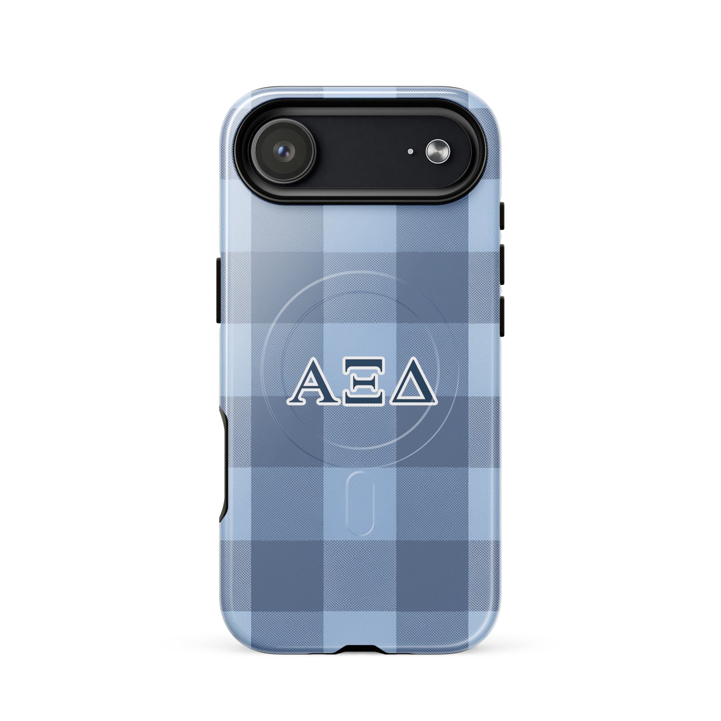 Alpha Xi Delta blue plaid iPhone 17 Air case with Greek letters and MagSafe ring, preppy protective phone case with classic pattern