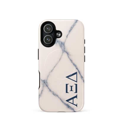 Alpha Xi Delta blue vein marble iPhone 17 case with Greek letters and MagSafe ring, slim protective phone case with elegant stone design